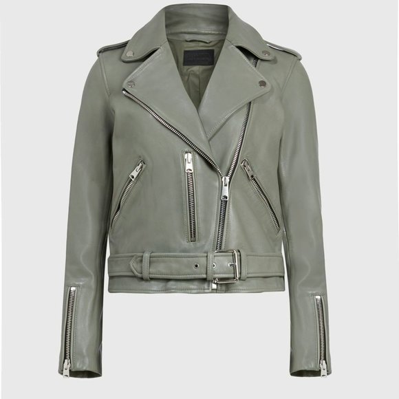 NWOT ALLSAINTS Balfern Leather Biker Jacket in Sage green - Size US 2 #341